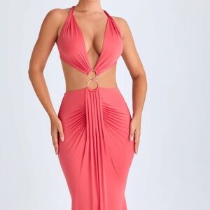 Omarosa Hardware Detail Cut-Out Halterneck Maxi Vacation Dress In Coral